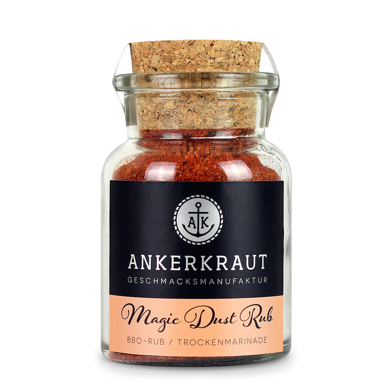 Magic Dust Rub von Ankerkraut im Korkenglas auf weißem Hintergrund.