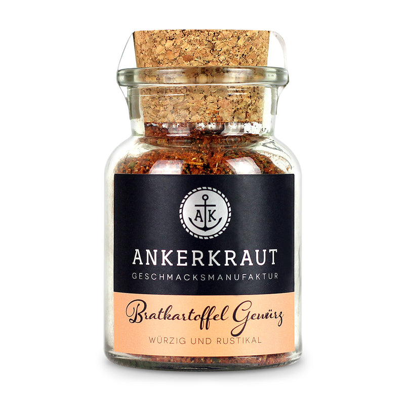Bratkartoffel Gewürz von Ankerkraut im Korkenglas auf weißem Hintergrund.
